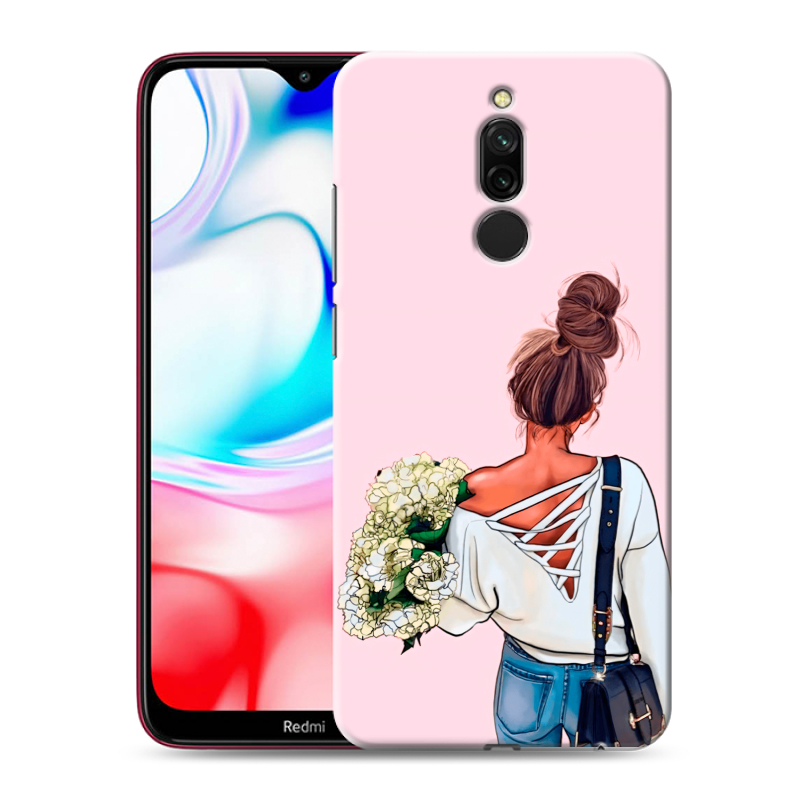 Силиконовый противоударный чехол на Xiaomi RedMi 8 с принтом Девушка и букет Силиконовый противоударный чехол на Xiaomi RedMi 8 с принтом Девушка и букет
