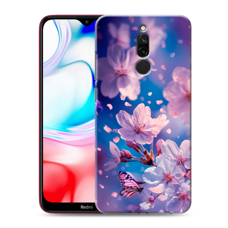 Силиконовый противоударный чехол на Xiaomi RedMi 8 с принтом цветы бабочки Силиконовый противоударный чехол на Xiaomi RedMi 8 с принтом цветы бабочки