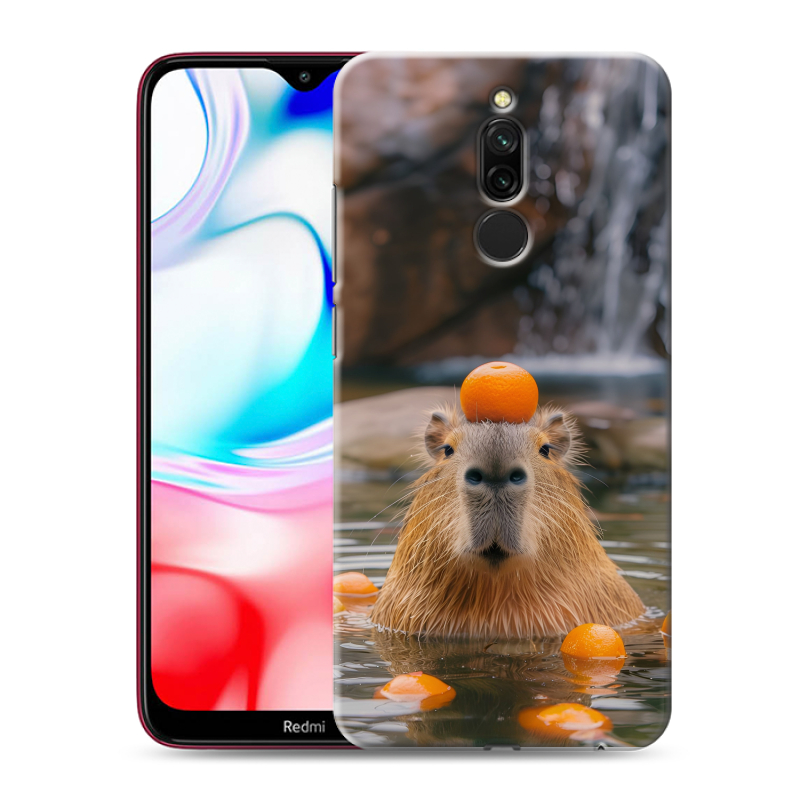 Силиконовый противоударный чехол на Xiaomi RedMi 8 с принтом Капибара с апельсином Силиконовый противоударный чехол на Xiaomi RedMi 8 с принтом Капибара с апельсином