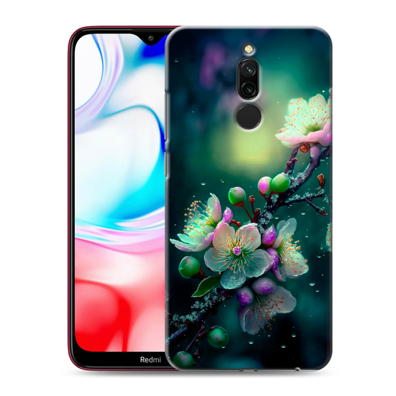 Силиконовый противоударный чехол на Xiaomi RedMi 8 с принтом Цветы и мрамор Силиконовый противоударный чехол на Xiaomi RedMi 8 с принтом Цветы и мрамор