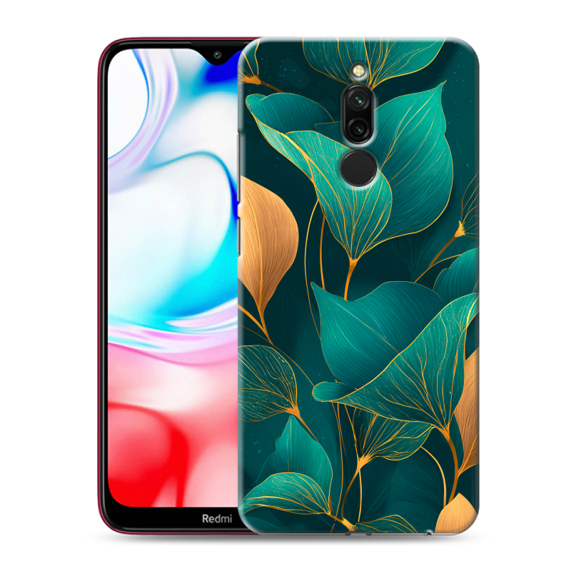 Силиконовый противоударный чехол на Xiaomi RedMi 8 с принтом Листья и золото Силиконовый противоударный чехол на Xiaomi RedMi 8 с принтом Листья и золото