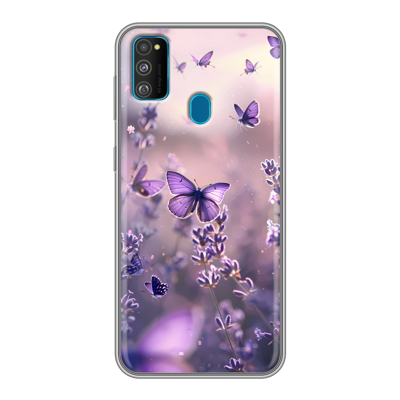 Силиконовый противоударный чехол на Samsung Galaxy M30s с принтом бабочки и лаванда Силиконовый противоударный чехол на Samsung Galaxy M30s с принтом бабочки и лаванда