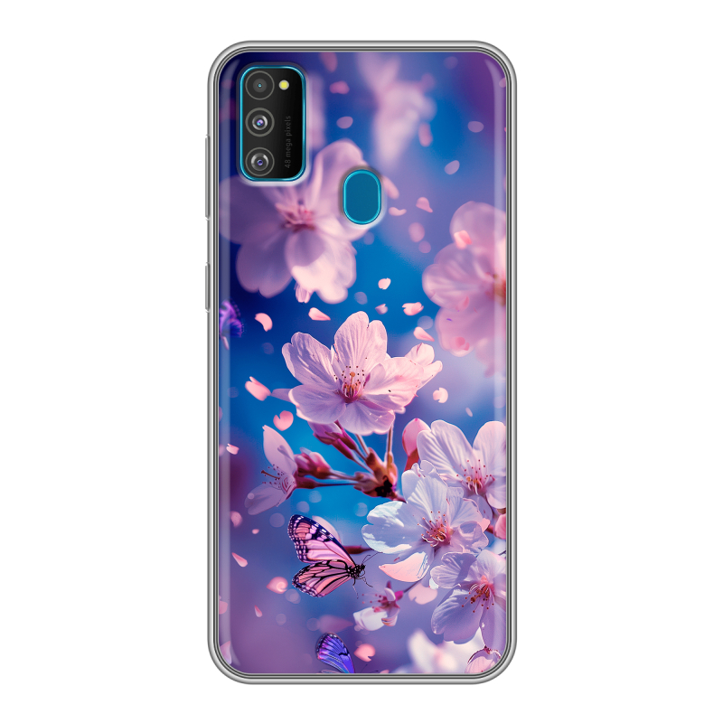 Силиконовый противоударный чехол на Samsung Galaxy M30s с принтом цветы бабочки Силиконовый противоударный чехол на Samsung Galaxy M30s с принтом цветы бабочки