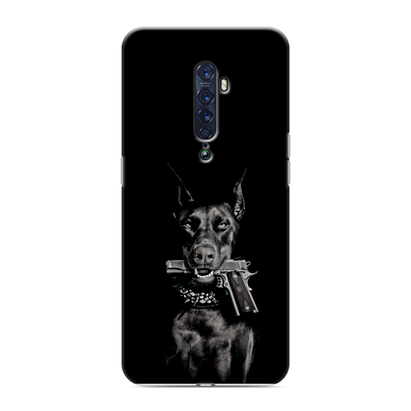 Пластиковый чехол на OPPO Reno2 с принтом Доберман и пистолет Пластиковый чехол на OPPO Reno2 с принтом Доберман и пистолет