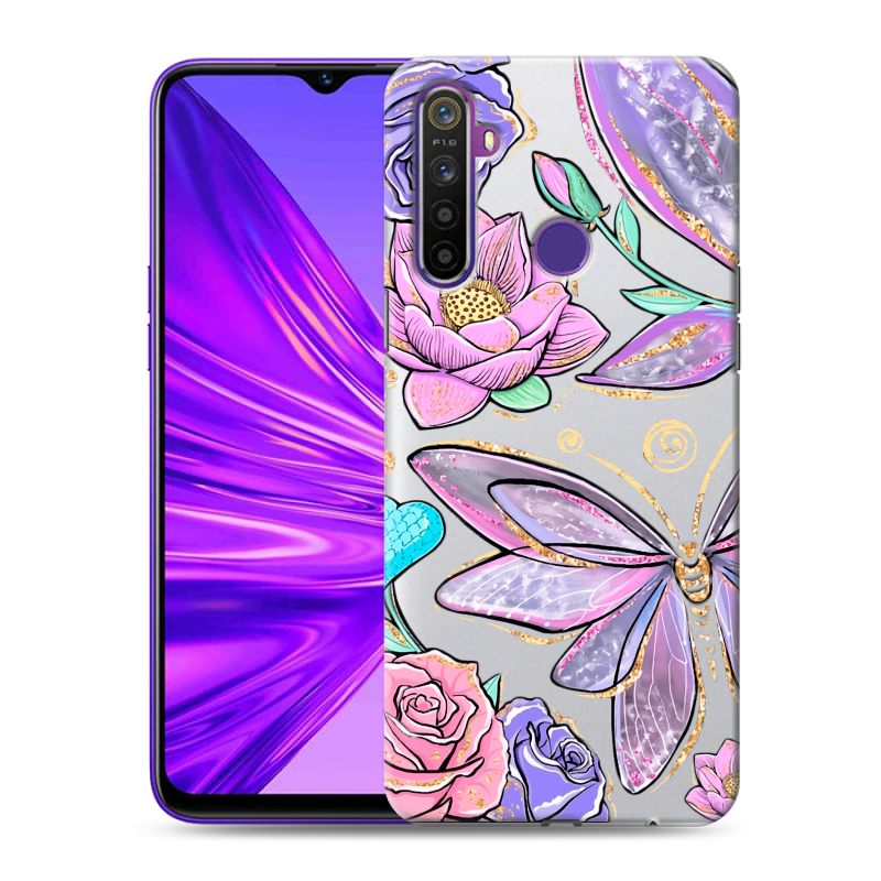 Силиконовый противоударный чехол на Realme 5 с принтом Бабочки и цветы Силиконовый противоударный чехол на Realme 5 с принтом Бабочки и цветы