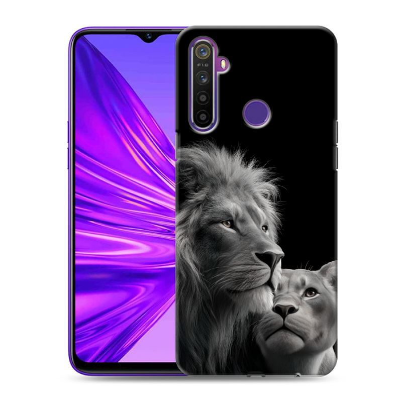 Силиконовый противоударный чехол на Realme 5 с принтом Лев кошки Силиконовый противоударный чехол на Realme 5 с принтом Лев кошки