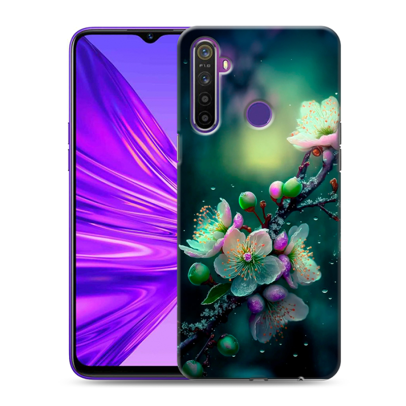 Силиконовый противоударный чехол на Realme 5 с принтом Цветы и мрамор Силиконовый противоударный чехол на Realme 5 с принтом Цветы и мрамор