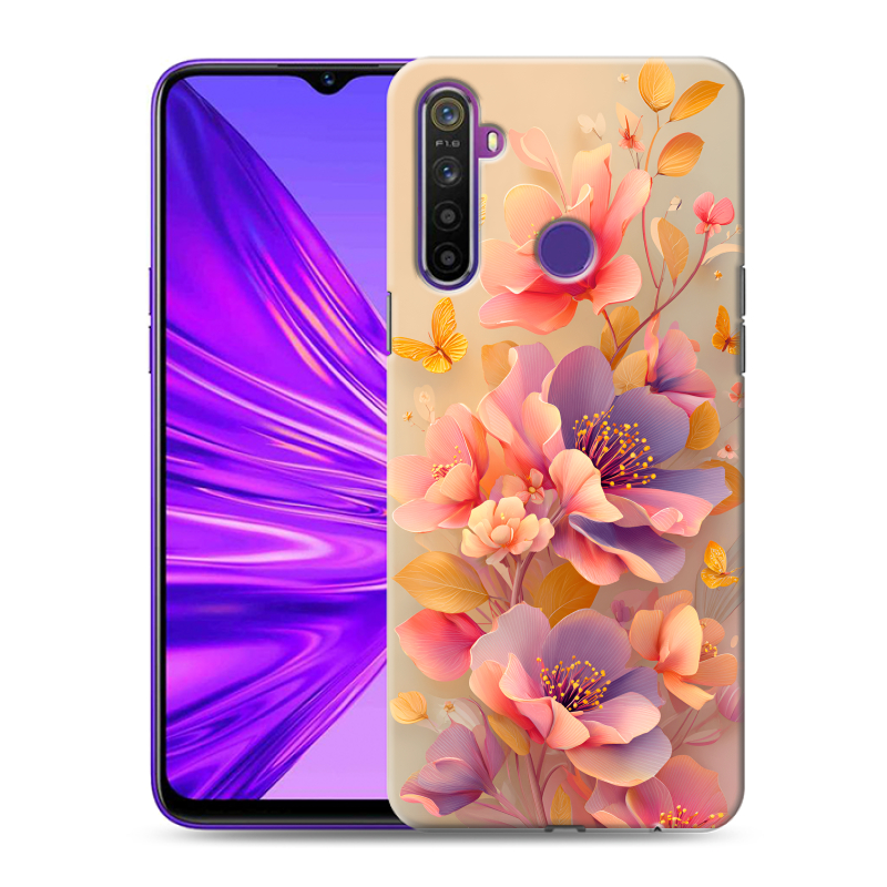 Силиконовый противоударный чехол на Realme 5 с принтом Цветы и бабочки Силиконовый противоударный чехол на Realme 5 с принтом Цветы и бабочки