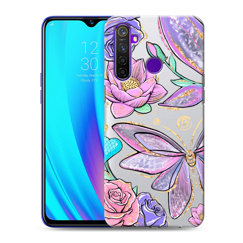 Пластиковый чехол на Realme 5 Pro с принтом Бабочки и цветы Пластиковый чехол на Realme 5 Pro с принтом Бабочки и цветы