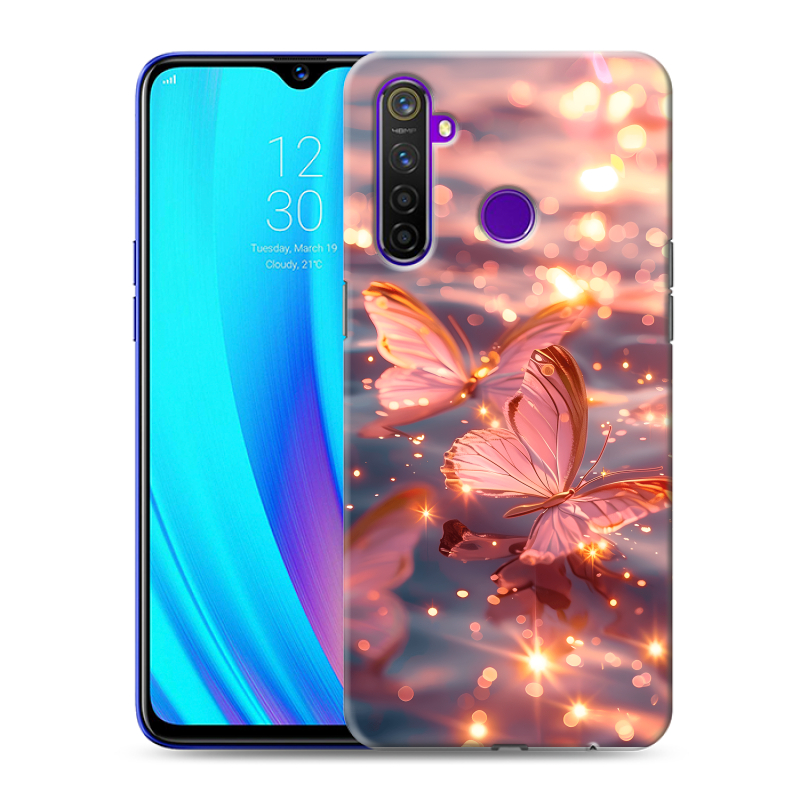 Пластиковый чехол на Realme 5 Pro с принтом бабочки розовые Пластиковый чехол на Realme 5 Pro с принтом бабочки розовые