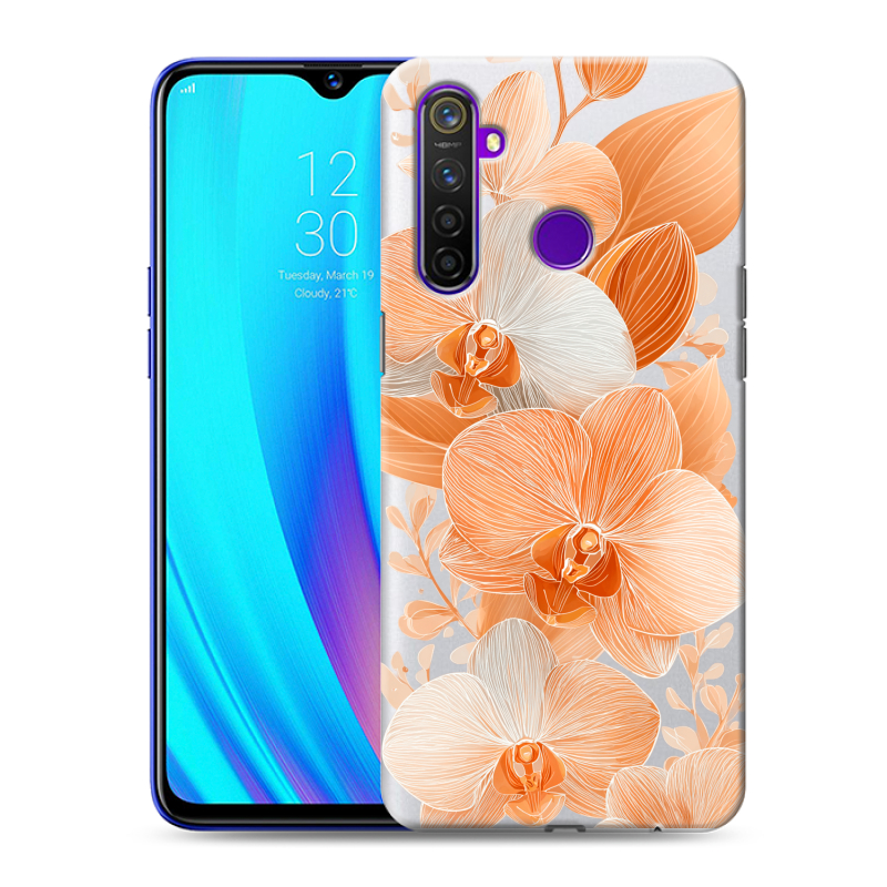 Силиконовый чехол на Realme 5 Pro с принтом Бежевые цветы Силиконовый чехол на Realme 5 Pro с принтом Бежевые цветы