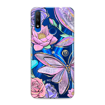 Силиконовый противоударный чехол на Huawei Honor 9X с принтом Бабочки и цветы Силиконовый противоударный чехол на Huawei Honor 9X с принтом Бабочки и цветы