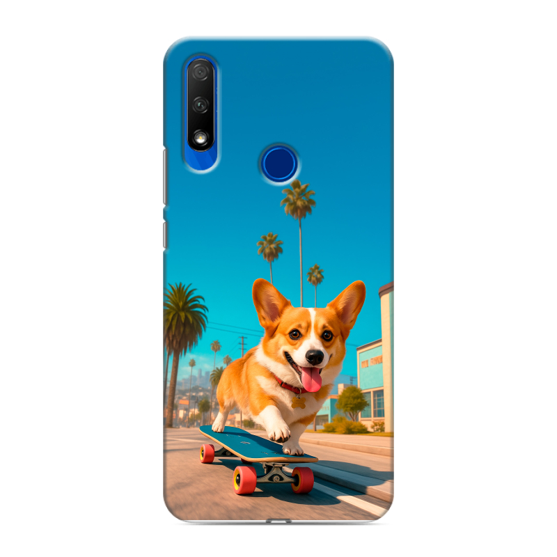 Силиконовый противоударный чехол на Huawei Honor 9X с принтом Корги на скейте Силиконовый противоударный чехол на Huawei Honor 9X с принтом Корги на скейте