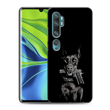 Силиконовый противоударный чехол на Xiaomi Mi Note 10 с принтом Доберман и пистолет Силиконовый противоударный чехол на Xiaomi Mi Note 10 с принтом Доберман и пистолет