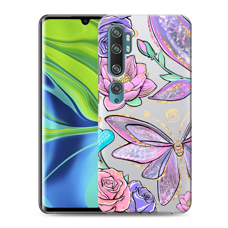 Силиконовый противоударный чехол на Xiaomi Mi Note 10 с принтом Бабочки и цветы Силиконовый противоударный чехол на Xiaomi Mi Note 10 с принтом Бабочки и цветы