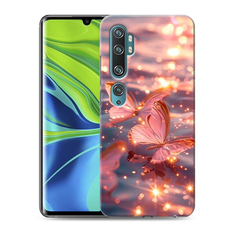 Силиконовый противоударный чехол на Xiaomi Mi Note 10 с принтом бабочки розовые Силиконовый противоударный чехол на Xiaomi Mi Note 10 с принтом бабочки розовые