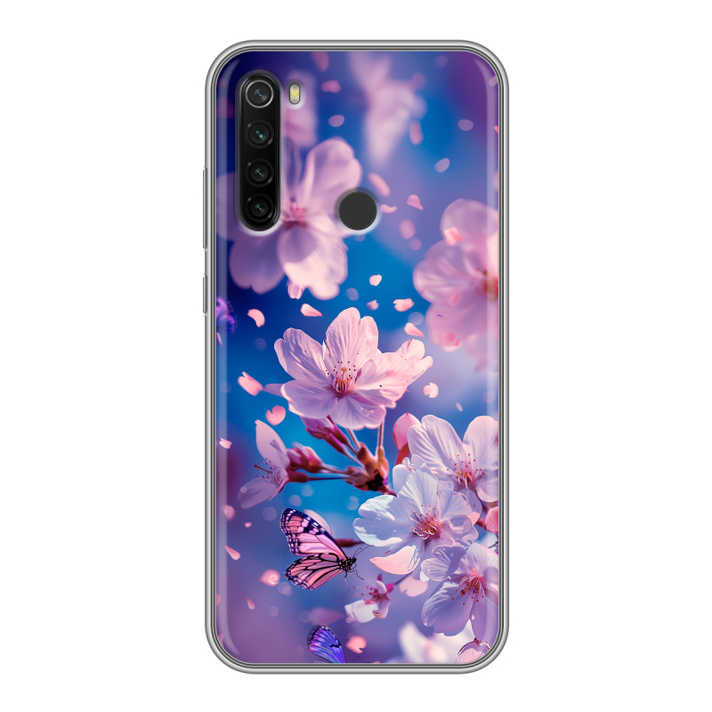 Силиконовый противоударный чехол на Xiaomi RedMi Note 8T с принтом цветы бабочки Силиконовый противоударный чехол на Xiaomi RedMi Note 8T с принтом цветы бабочки