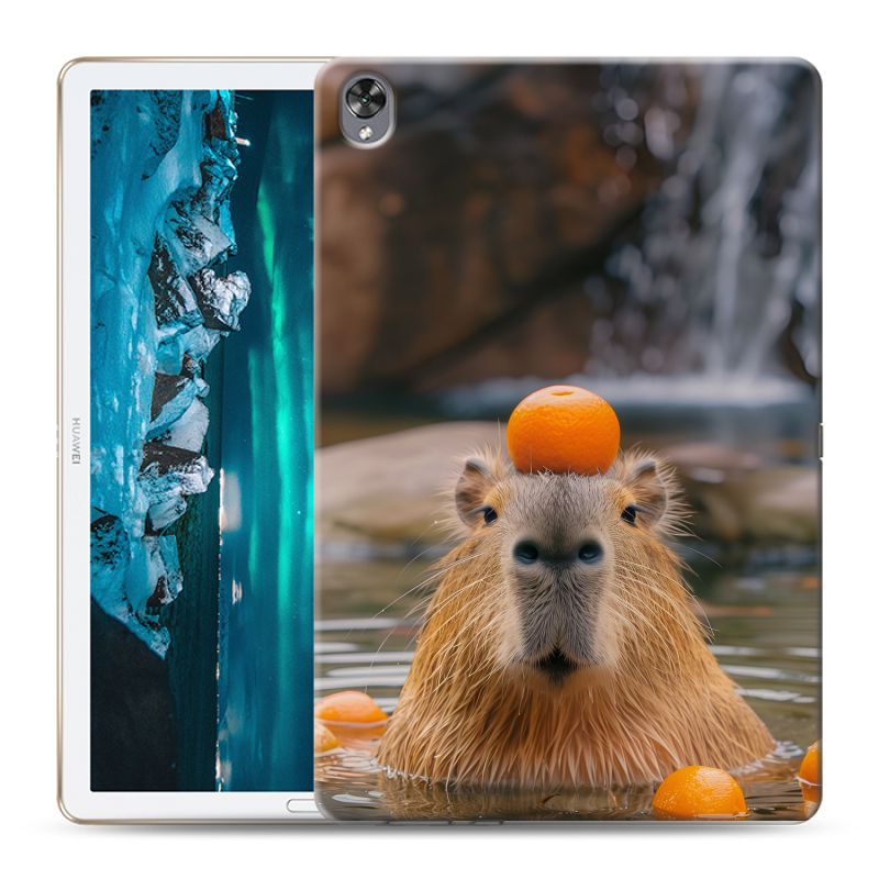 Силиконовый противоударный чехол на Huawei MediaPad M6 10.8 с принтом Капибара с апельсином Силиконовый противоударный чехол на Huawei MediaPad M6 10.8 с принтом Капибара с апельсином