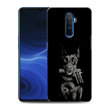 Силиконовый противоударный чехол на Realme X2 Pro с принтом Доберман и пистолет Силиконовый противоударный чехол на Realme X2 Pro с принтом Доберман и пистолет