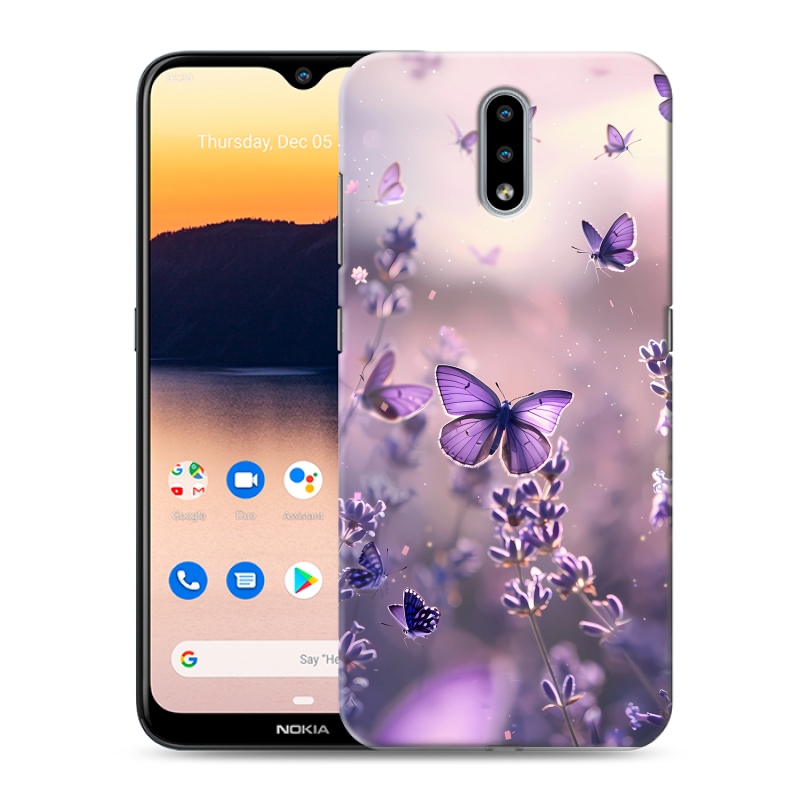 Силиконовый противоударный чехол на Nokia 2.3 с принтом бабочки и лаванда Силиконовый противоударный чехол на Nokia 2.3 с принтом бабочки и лаванда