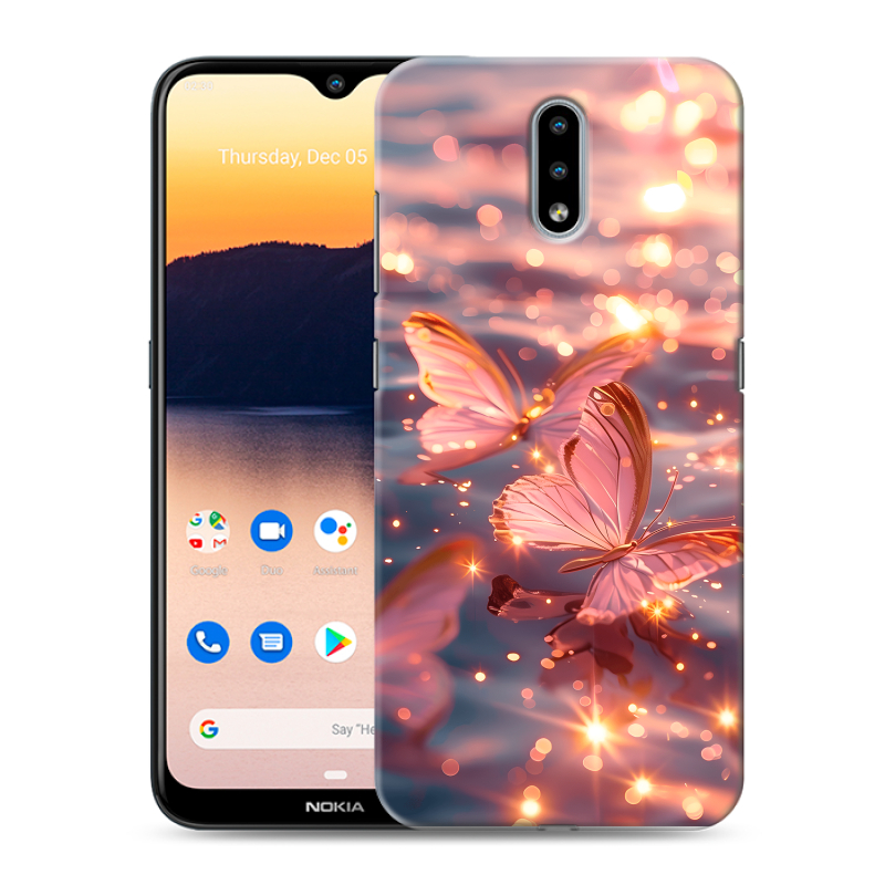Силиконовый противоударный чехол на Nokia 2.3 с принтом бабочки розовые Силиконовый противоударный чехол на Nokia 2.3 с принтом бабочки розовые