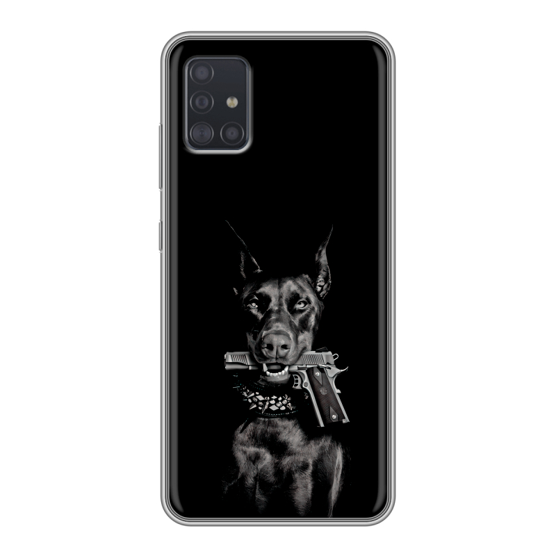 Силиконовый противоударный чехол на Samsung Galaxy A51 с принтом Доберман и пистолет Силиконовый противоударный чехол на Samsung Galaxy A51 с принтом Доберман и пистолет
