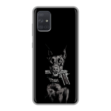 Силиконовый чехол на Samsung Galaxy A71 с принтом Доберман и пистолет Силиконовый чехол на Samsung Galaxy A71 с принтом Доберман и пистолет