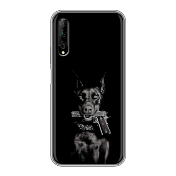 Силиконовый противоударный чехол на Huawei Y9s с принтом Доберман и пистолет Силиконовый противоударный чехол на Huawei Y9s с принтом Доберман и пистолет