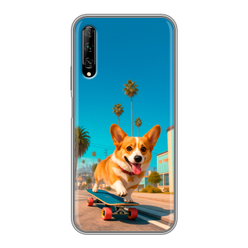 Силиконовый противоударный чехол на Huawei Y9s с принтом Корги на скейте Силиконовый противоударный чехол на Huawei Y9s с принтом Корги на скейте