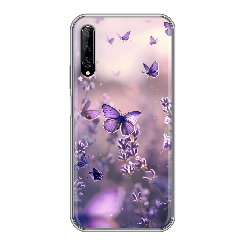 Силиконовый противоударный чехол на Huawei Y9s с принтом бабочки и лаванда Силиконовый противоударный чехол на Huawei Y9s с принтом бабочки и лаванда