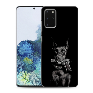 Силиконовый чехол на Samsung Galaxy S20 Plus с принтом Доберман и пистолет Силиконовый чехол на Samsung Galaxy S20 Plus с принтом Доберман и пистолет