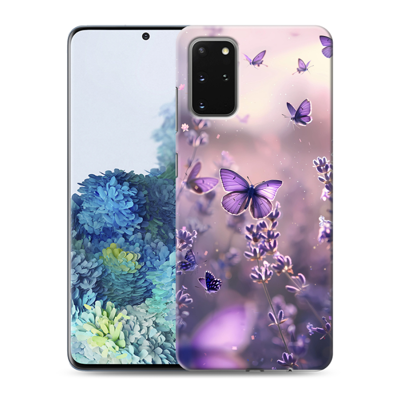 Силиконовый противоударный чехол на Samsung Galaxy S20 Plus с принтом бабочки и лаванда Силиконовый противоударный чехол на Samsung Galaxy S20 Plus с принтом бабочки и лаванда