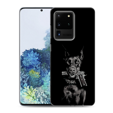 Силиконовый чехол на Samsung Galaxy S20 Ultra с принтом Доберман и пистолет Силиконовый чехол на Samsung Galaxy S20 Ultra с принтом Доберман и пистолет