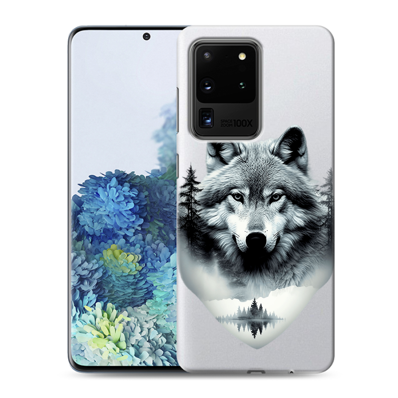 Силиконовый чехол на Samsung Galaxy S20 Ultra с принтом Волк в лесу Силиконовый чехол на Samsung Galaxy S20 Ultra с принтом Волк в лесу