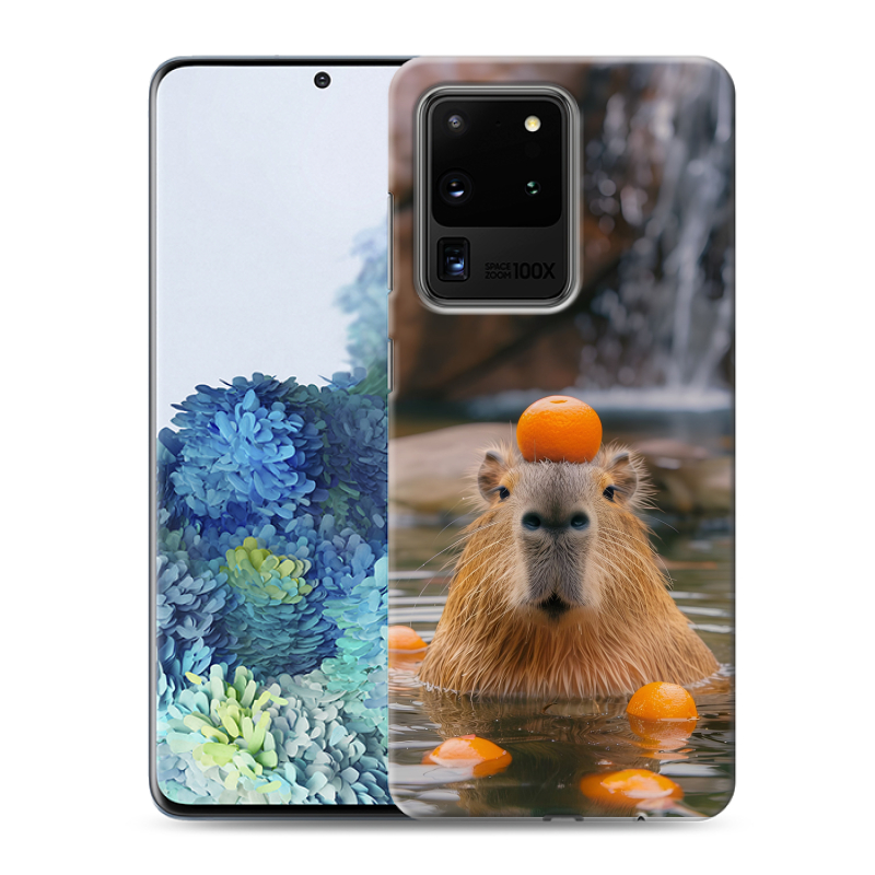 Силиконовый противоударный чехол на Samsung Galaxy S20 Ultra с принтом Капибара с апельсином Силиконовый противоударный чехол на Samsung Galaxy S20 Ultra с принтом Капибара с апельсином
