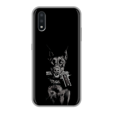 Силиконовый чехол на Samsung Galaxy A01 с принтом Доберман и пистолет Силиконовый чехол на Samsung Galaxy A01 с принтом Доберман и пистолет