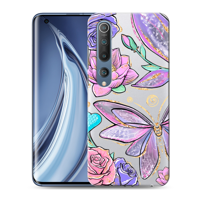 Силиконовый противоударный чехол на Xiaomi Mi 10 с принтом Бабочки и цветы Силиконовый противоударный чехол на Xiaomi Mi 10 с принтом Бабочки и цветы