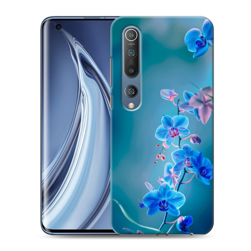 Силиконовый противоударный чехол на Xiaomi Mi 10 с принтом Голубые цветы Силиконовый противоударный чехол на Xiaomi Mi 10 с принтом Голубые цветы