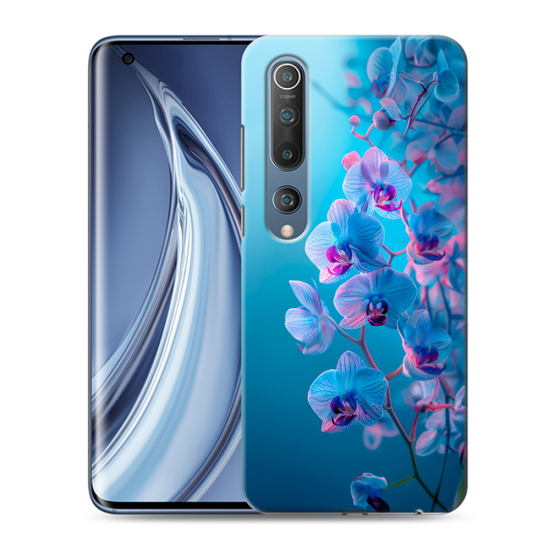 Силиконовый противоударный чехол на Xiaomi Mi 10 с принтом голубые орхидеи Силиконовый противоударный чехол на Xiaomi Mi 10 с принтом голубые орхидеи