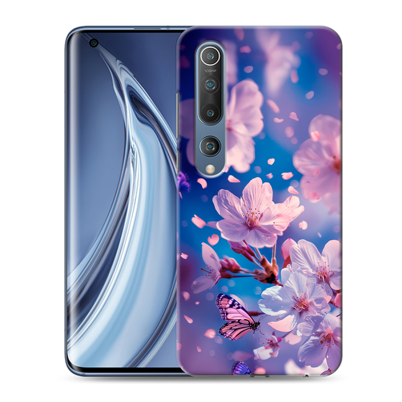 Силиконовый противоударный чехол на Xiaomi Mi 10 с принтом цветы бабочки Силиконовый противоударный чехол на Xiaomi Mi 10 с принтом цветы бабочки