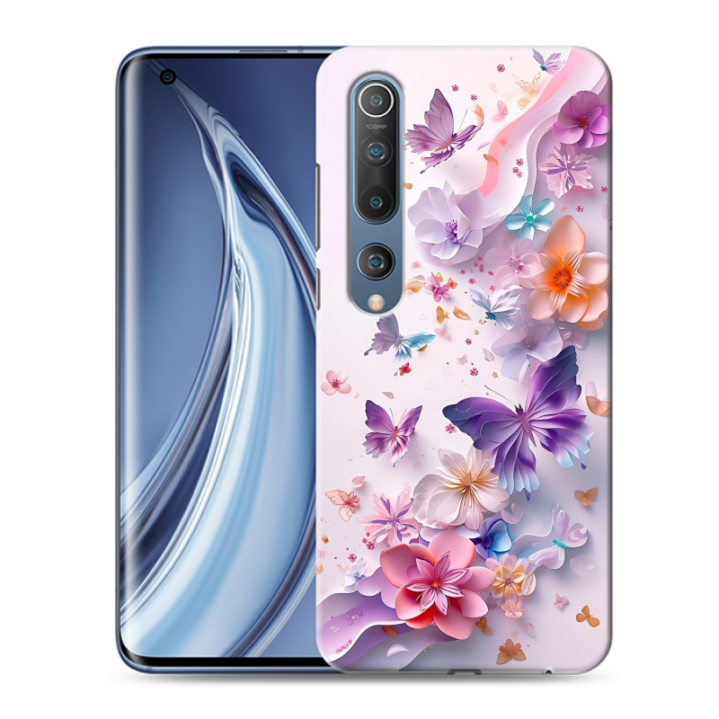 Силиконовый противоударный чехол на Xiaomi Mi 10 с принтом цветы бабочки Силиконовый противоударный чехол на Xiaomi Mi 10 с принтом цветы бабочки