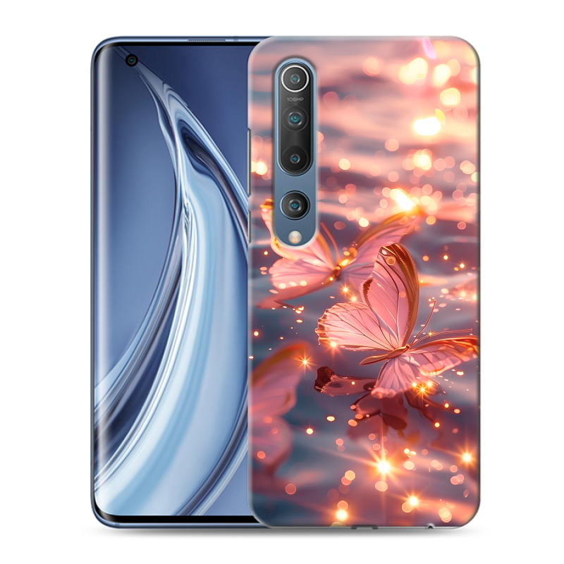 Силиконовый противоударный чехол на Xiaomi Mi 10 с принтом бабочки розовые Силиконовый противоударный чехол на Xiaomi Mi 10 с принтом бабочки розовые