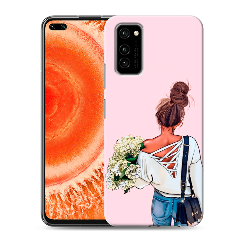 Силиконовый противоударный чехол на Huawei Honor View 30 Pro с принтом Девушка и букет Силиконовый противоударный чехол на Huawei Honor View 30 Pro с принтом Девушка и букет