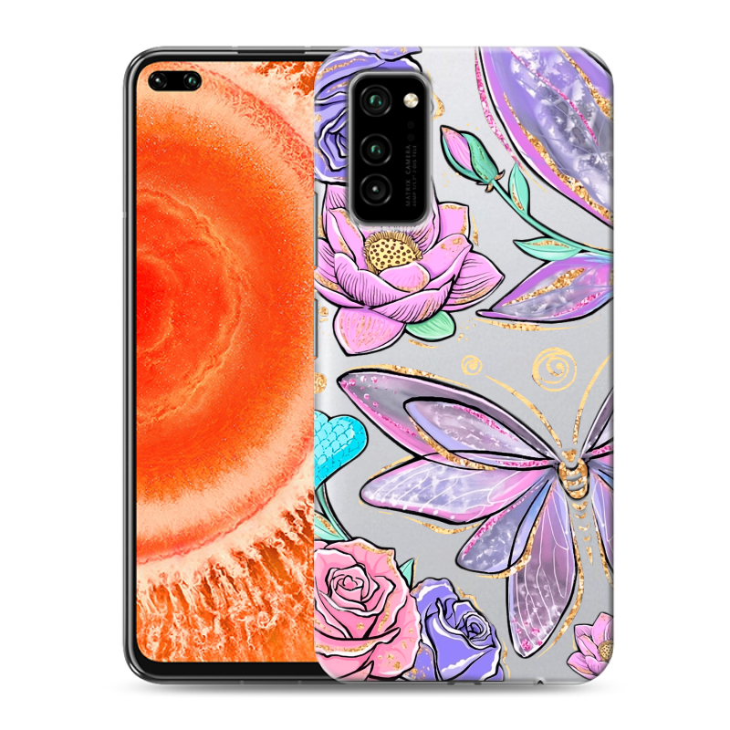 Силиконовый противоударный чехол на Huawei Honor View 30 Pro с принтом Бабочки и цветы Силиконовый противоударный чехол на Huawei Honor View 30 Pro с принтом Бабочки и цветы