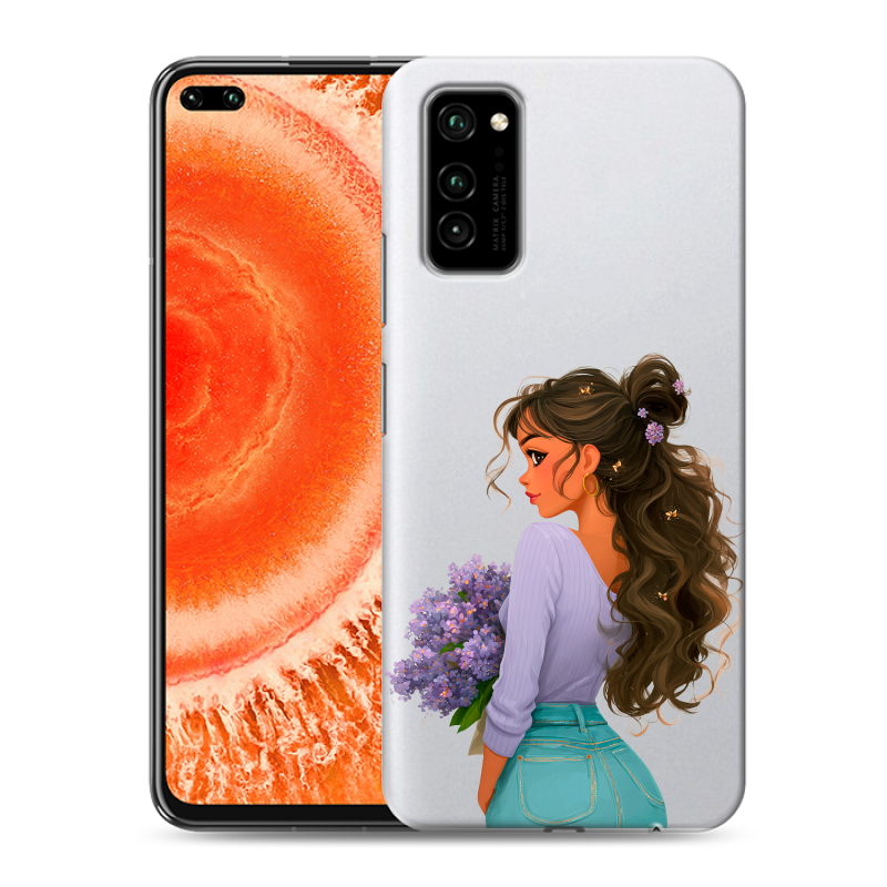 Силиконовый противоударный чехол на Huawei Honor View 30 Pro с принтом девушка цветы Силиконовый противоударный чехол на Huawei Honor View 30 Pro с принтом девушка цветы