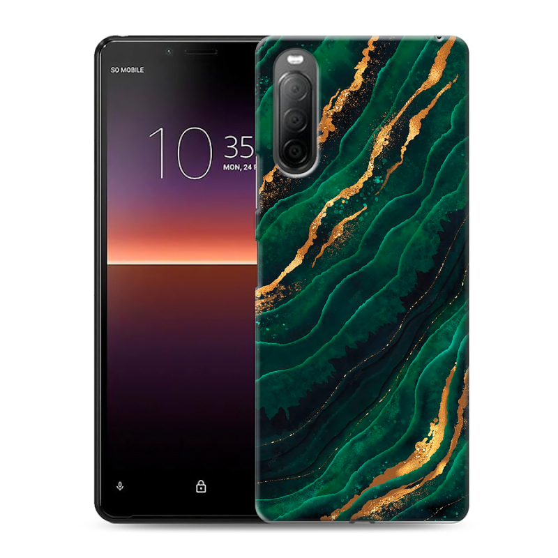Силиконовый противоударный чехол на Sony Xperia 10 II с принтом Мрамор зеленое золото Силиконовый противоударный чехол на Sony Xperia 10 II с принтом Мрамор зеленое золото