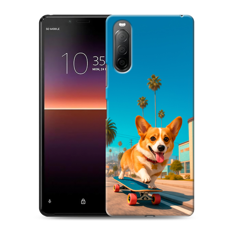 Силиконовый противоударный чехол на Sony Xperia 10 II с принтом Корги на скейте Силиконовый противоударный чехол на Sony Xperia 10 II с принтом Корги на скейте