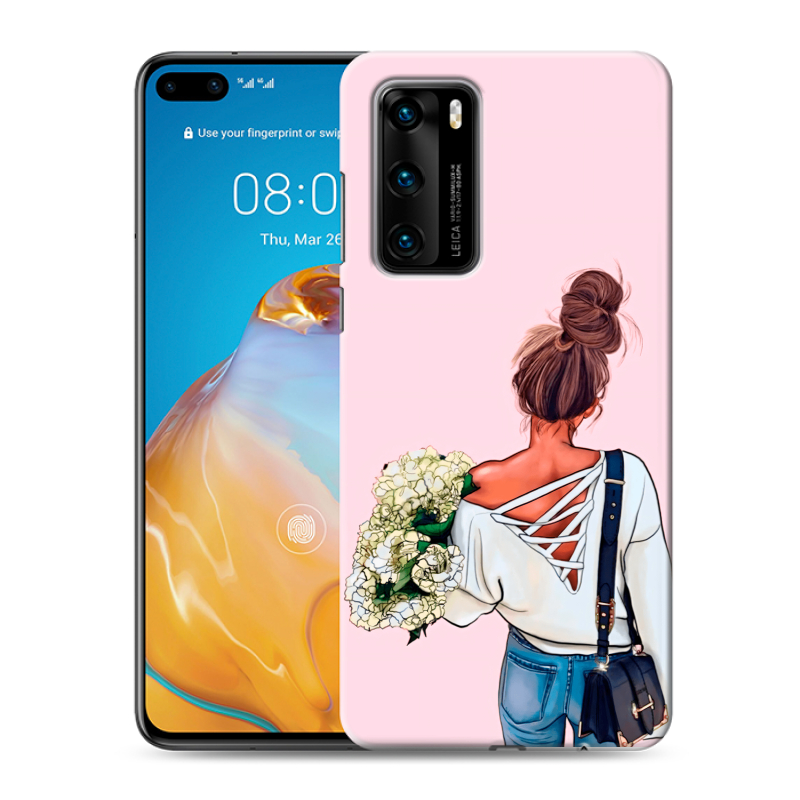 Пластиковый чехол на Huawei P40 с принтом Девушка и букет Пластиковый чехол на Huawei P40 с принтом Девушка и букет