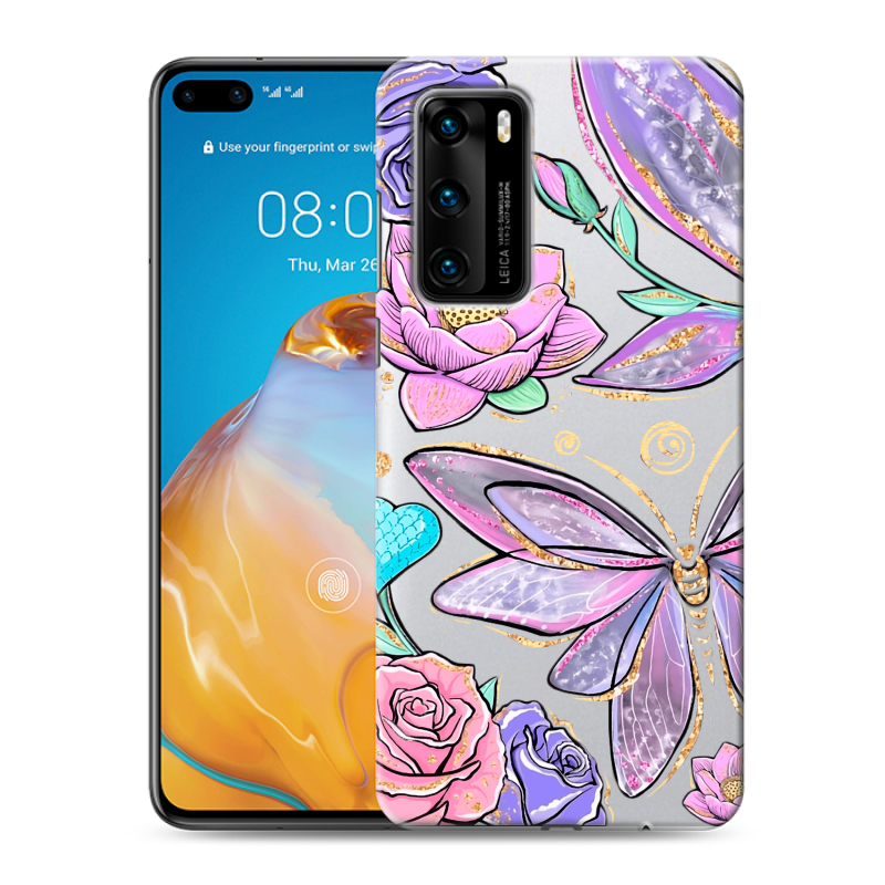 Силиконовый чехол на Huawei P40 с принтом Бабочки и цветы Силиконовый чехол на Huawei P40 с принтом Бабочки и цветы