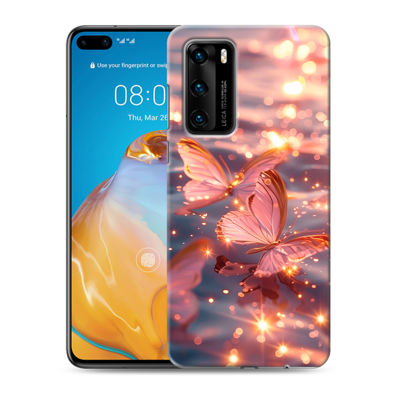 Силиконовый противоударный чехол на Huawei P40 с принтом бабочки розовые Силиконовый противоударный чехол на Huawei P40 с принтом бабочки розовые
